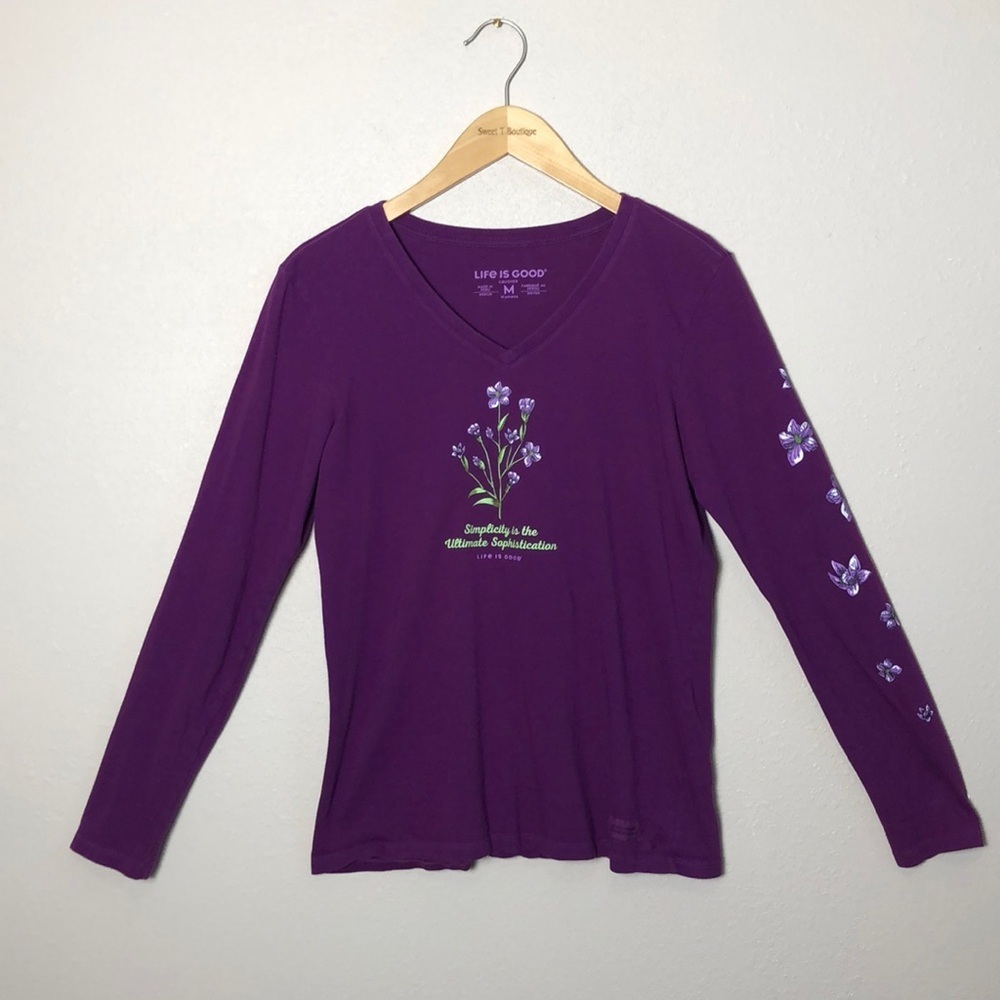LIFE IS GOOD Women Medium Violet Vneck Flower Positive Message Shirt Inspiration